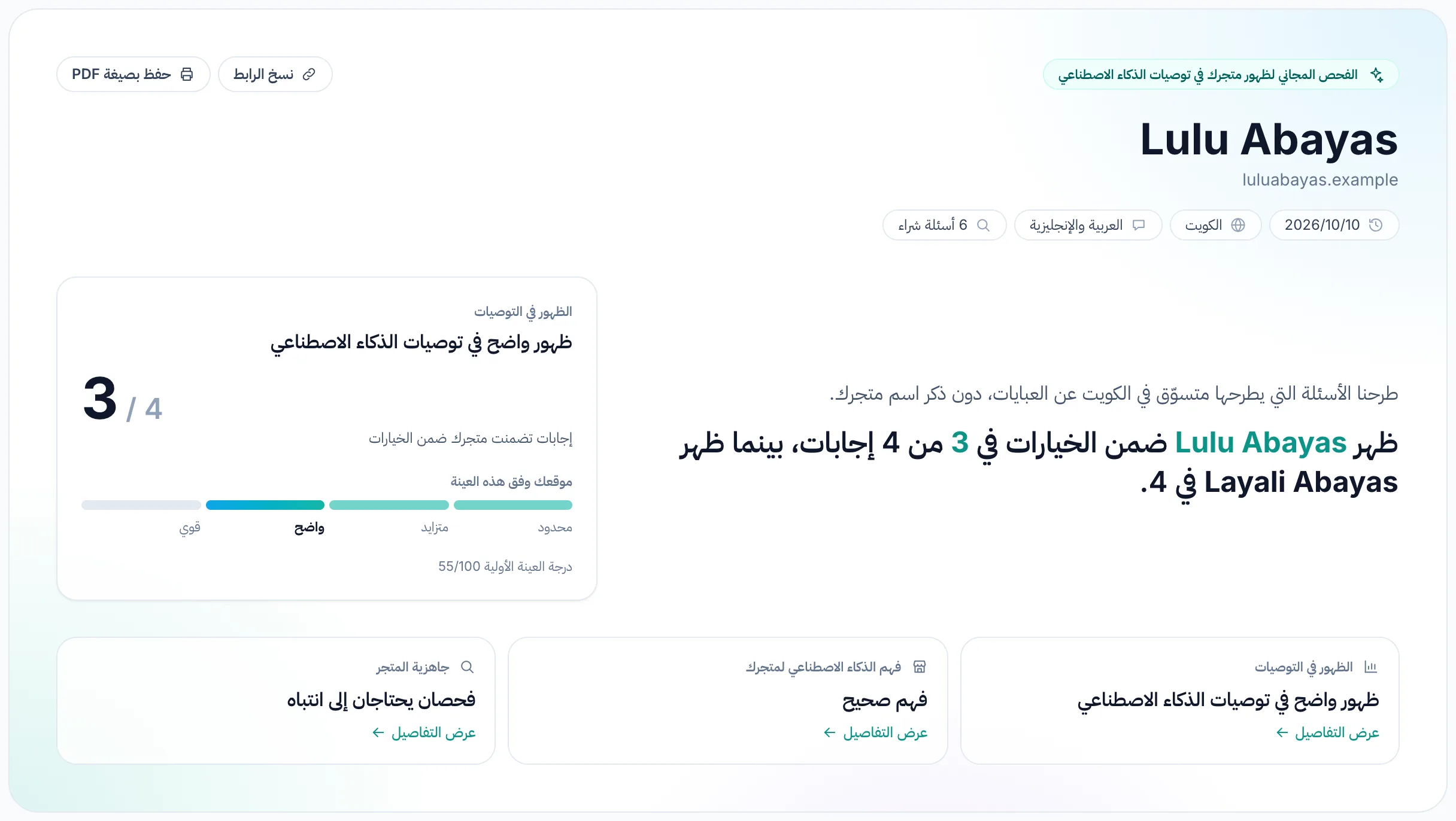 أعلى تقرير الفحص المجاني: اسم المتجر، والنتيجة الرئيسية، والنتائج الثلاث المنفصلة.