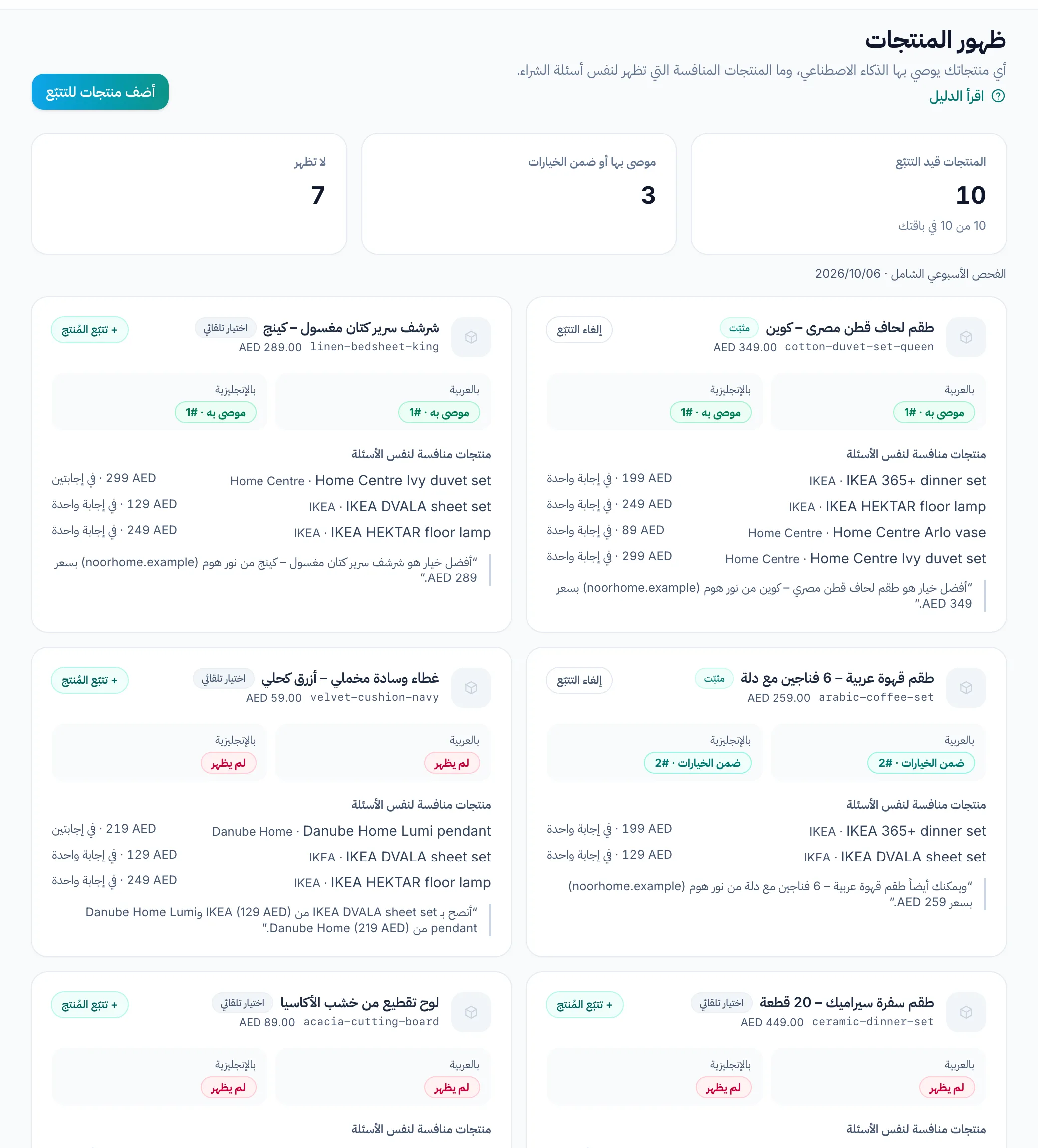 صفحة ظهور المنتجات: ثلاثة أرقام في الأعلى، ثم بطاقات المنتجات بنتائجها العربية والإنجليزية والمنتجات المنافسة التي وردت معها.