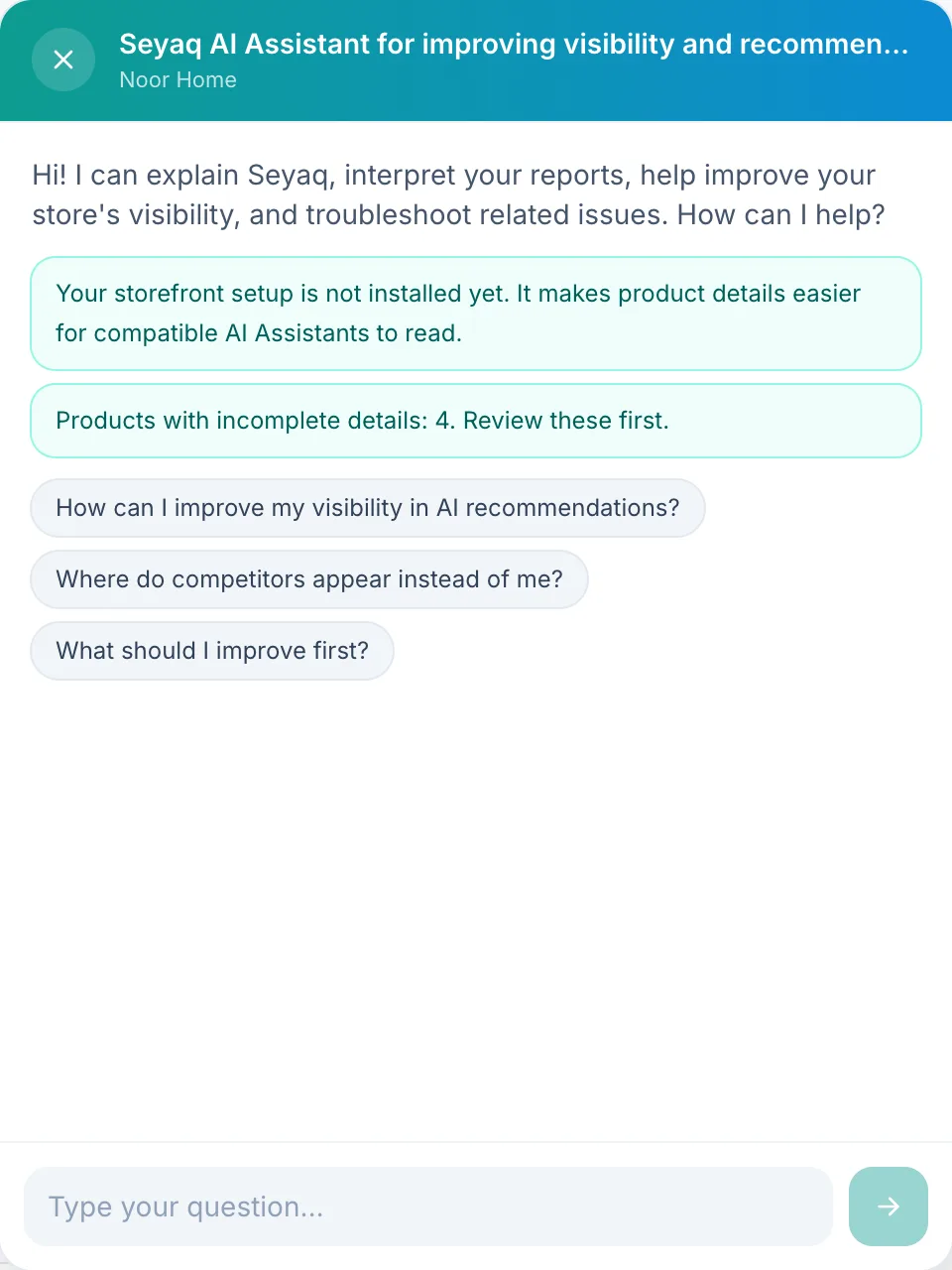 The Seyaq Assistant chat panel open on the dashboard.