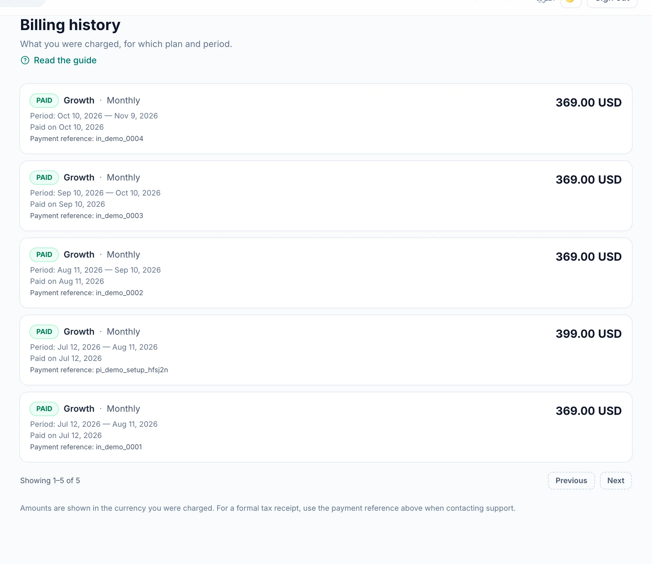 The Billing history page: each invoice with its status, plan, period and amount.