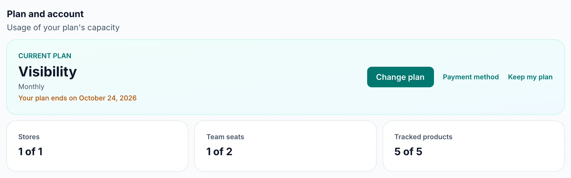 The Plan and account section after cancelling: the end date and the Keep my plan button.