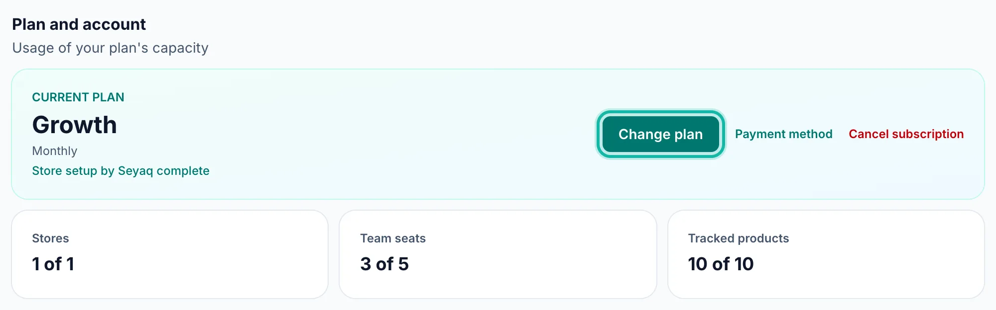 The dashboard's Plan and account section with the Change plan, Payment method and Cancel subscription buttons.