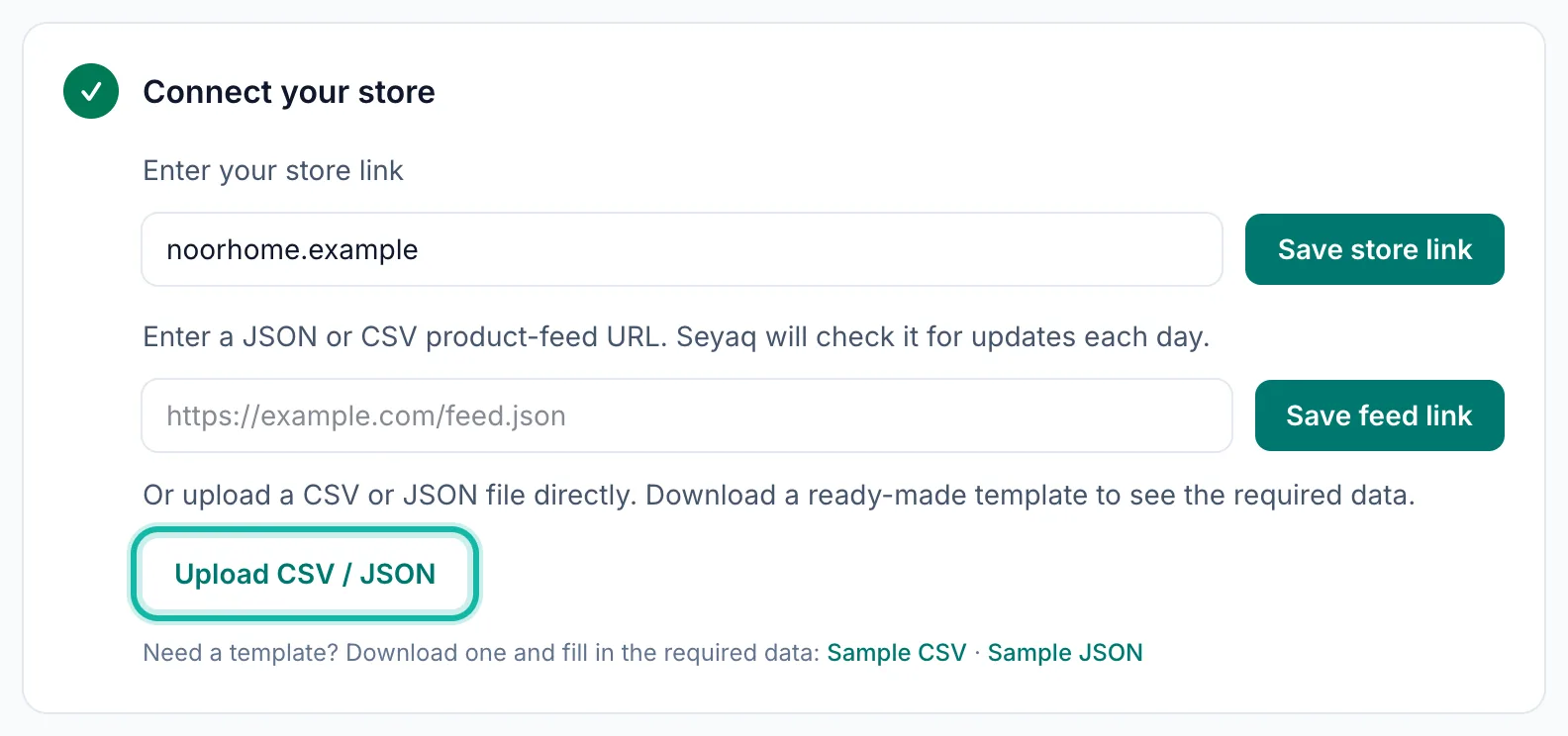 The Connect store page for a feed or file store: the store link field, the feed link field, the upload button and the template links.
