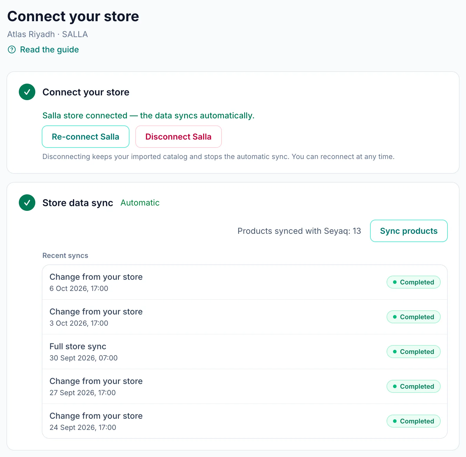The Connect store page confirming the Salla store is connected, with the product count and the recent syncs list.