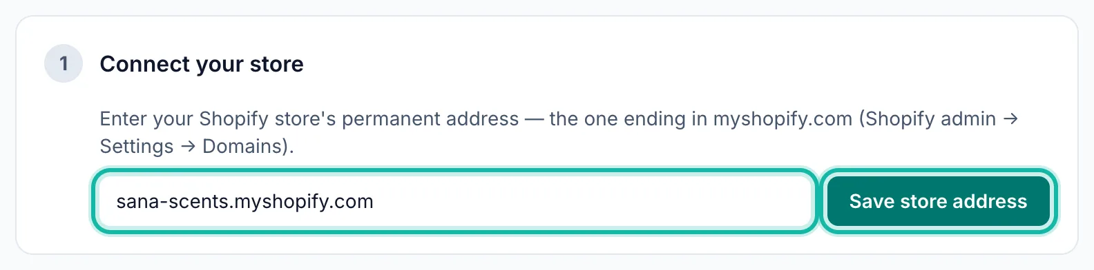 The Connect store page with the Shopify store address field and its save button highlighted.