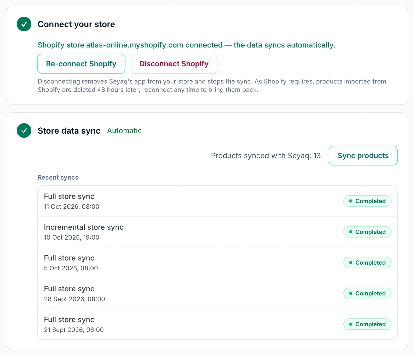 The Connect store page confirming the Shopify store is connected, with the Sync products button and the recent syncs list.