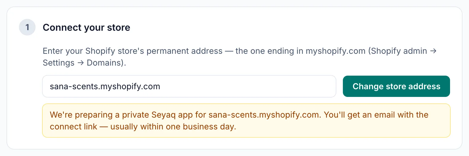 The Connect store page showing that a private Seyaq app is being prepared for the store.