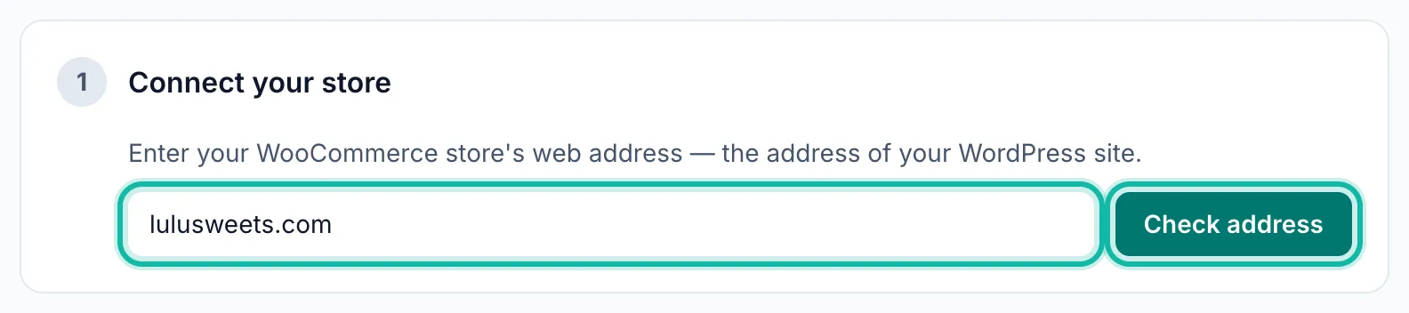 The Connect store page with the WooCommerce store address field and the Check address button highlighted.