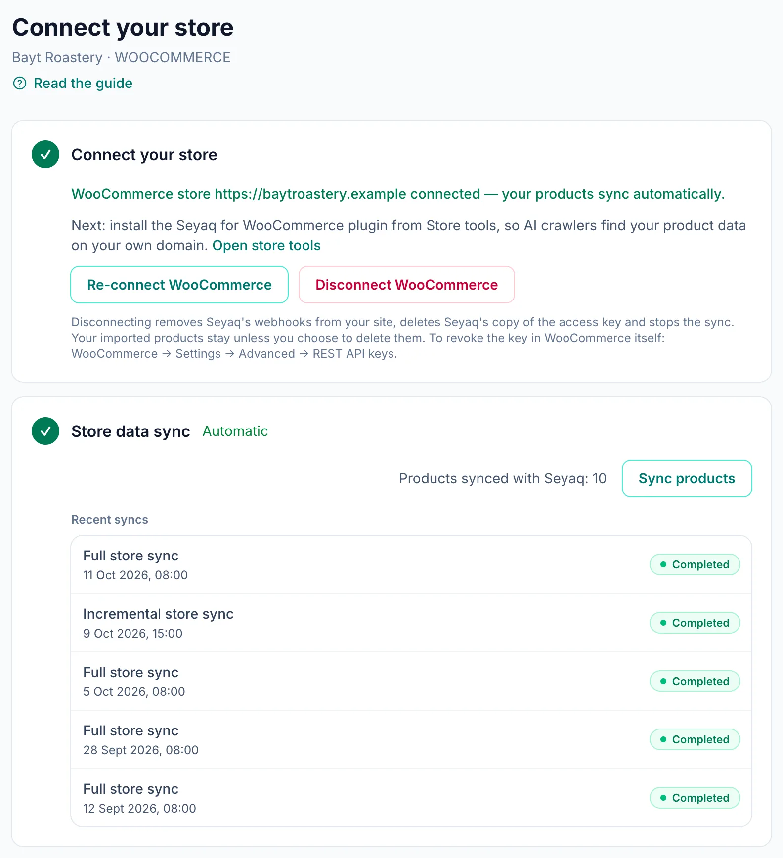 The Connect store page confirming the WooCommerce store is connected, with the recent syncs list.
