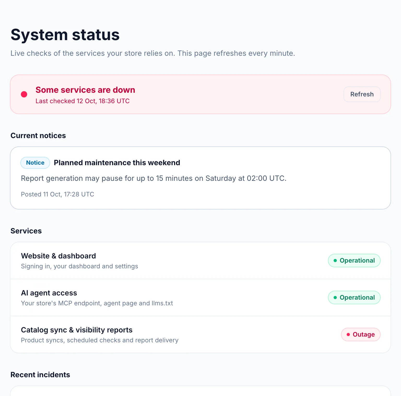 The public System status page with its three services and the current notices.