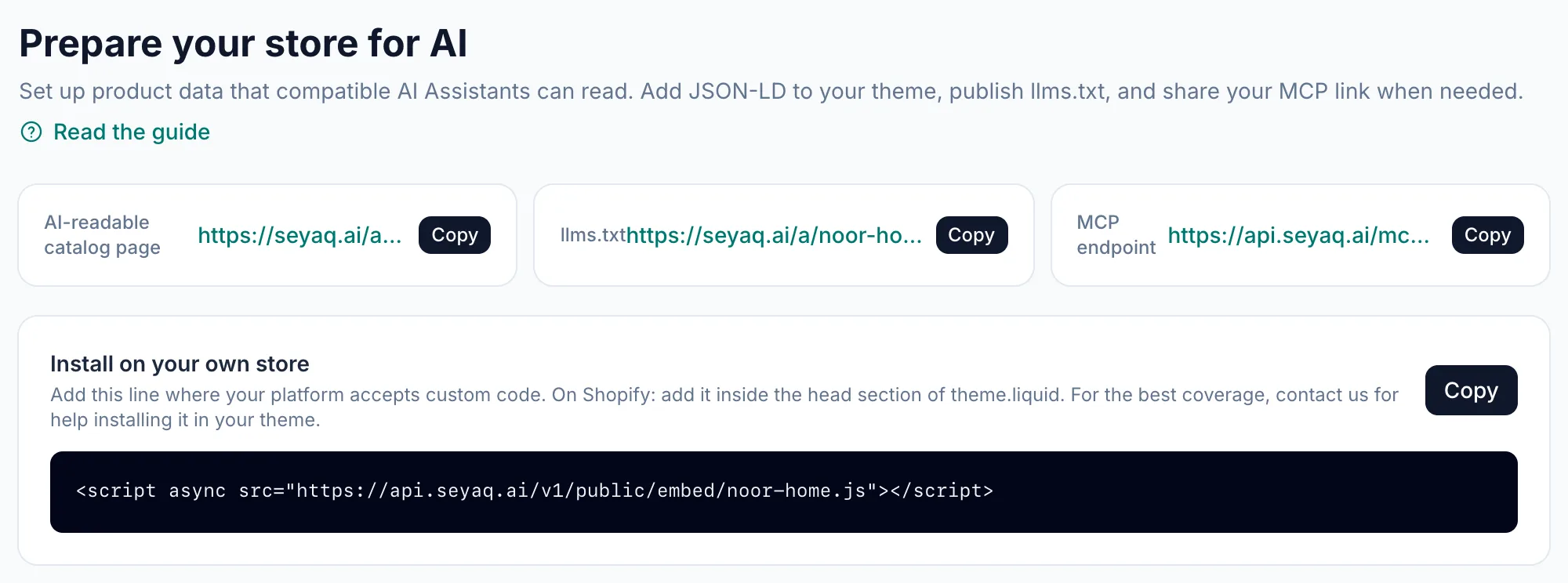 The top of Store tools: the catalog page, llms.txt and MCP addresses with copy buttons, and the install code.