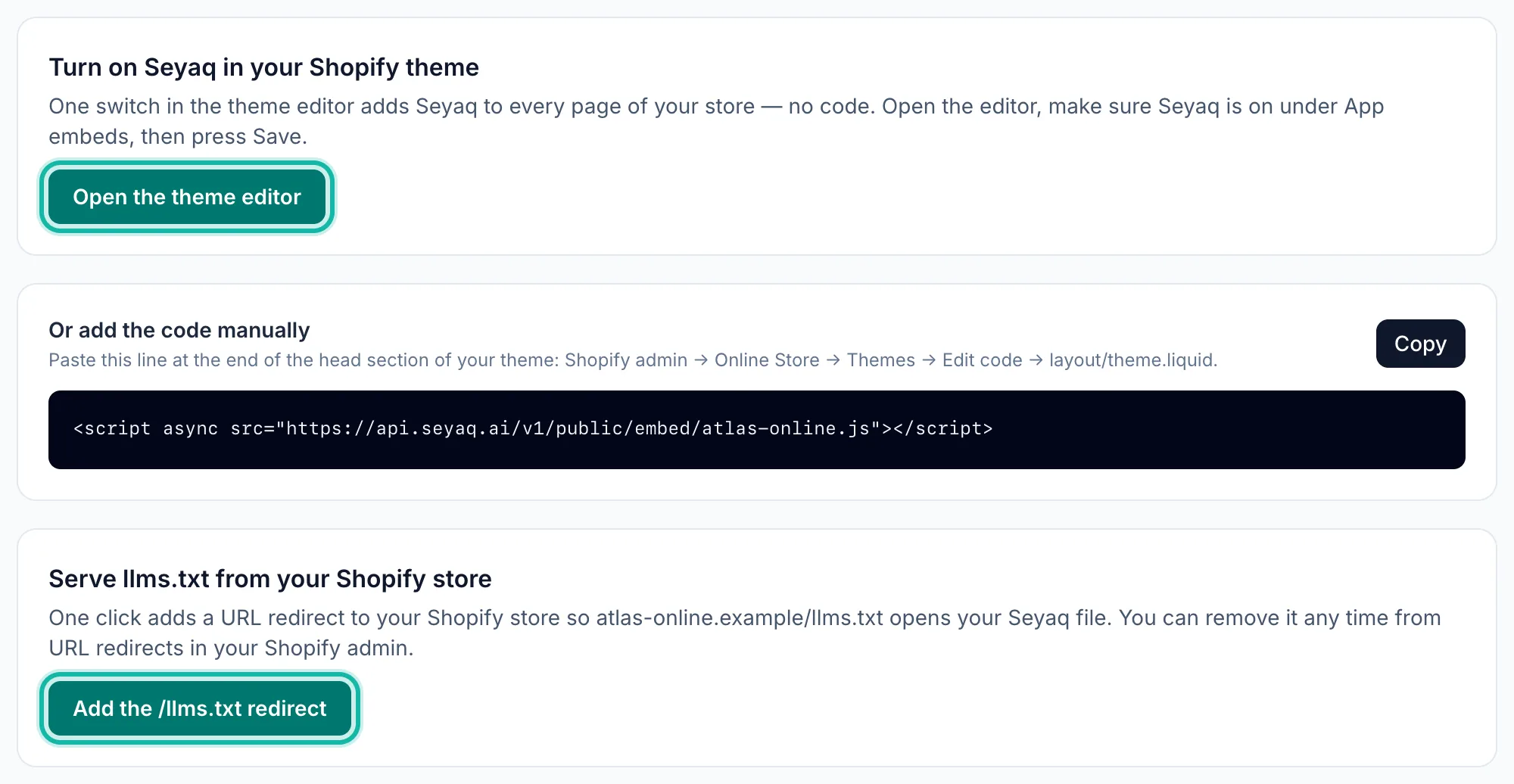 Store tools for a Shopify store: the theme editor button, the manual code snippet and the llms.txt redirect button.