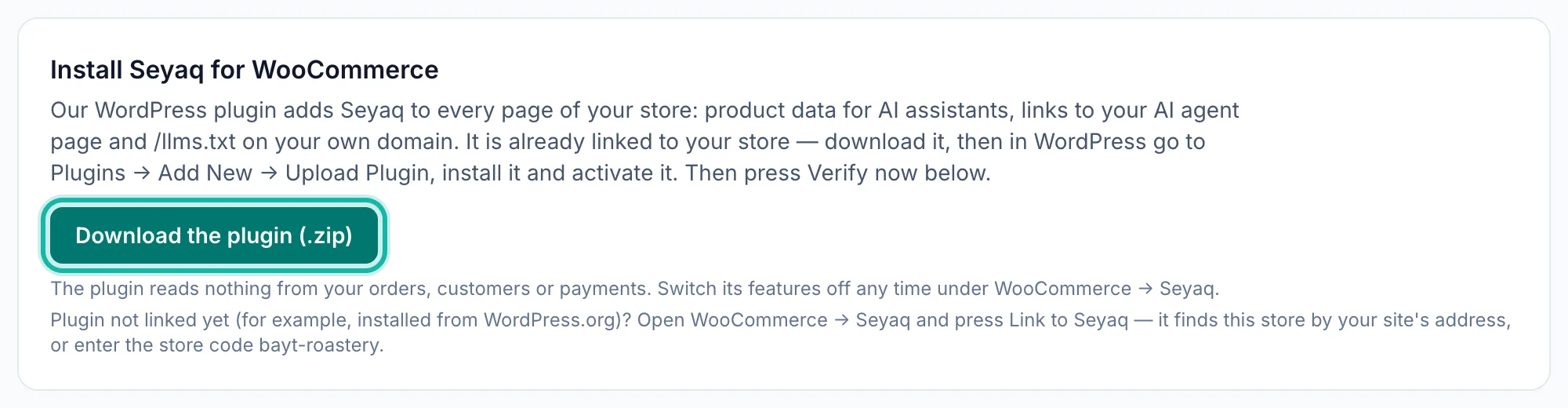 Store tools showing the Install Seyaq for WooCommerce card, with the plugin download button highlighted.