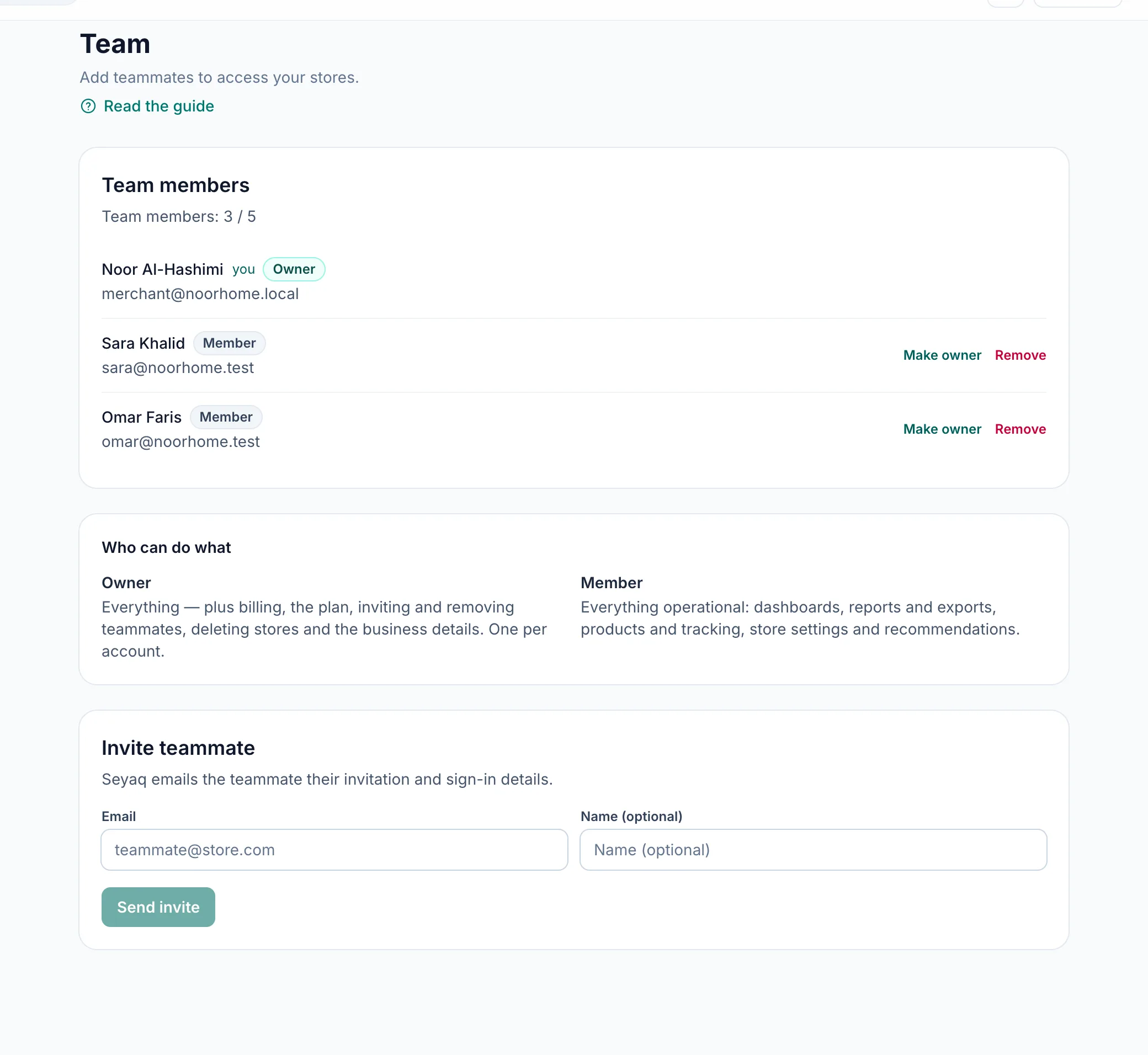 The Team page: members with their roles, the Make owner and Remove actions, and the invite form.